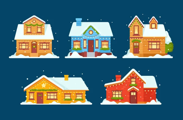 Karácsonyi magánházak, Lakások díszített karácsonyra, Vidéki üdülőházak koszorúval, Fenyőfa ágak és hó — Stock Vector