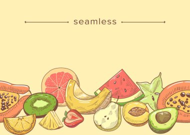 Taze meyve dilimli kusursuz desen, limon veya limonlu Doodle kompozisyonu, çilek, papaya, erik ve karambola