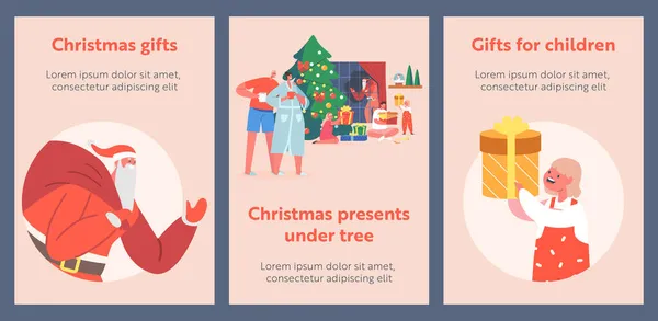 Carteles de dibujos animados de celebración familiar grande y feliz, padres y niños abren regalos, celebran la víspera en casa cerca del árbol de Navidad — Vector de stock