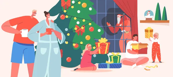 Büyük Mutlu Aile Kutlaması, Aileler ve Çocuklar Hediyeleri Açtı, Noel Ağacı Yakınındaki Evde Kutlama, Evde Kutlama — Stok Vektör