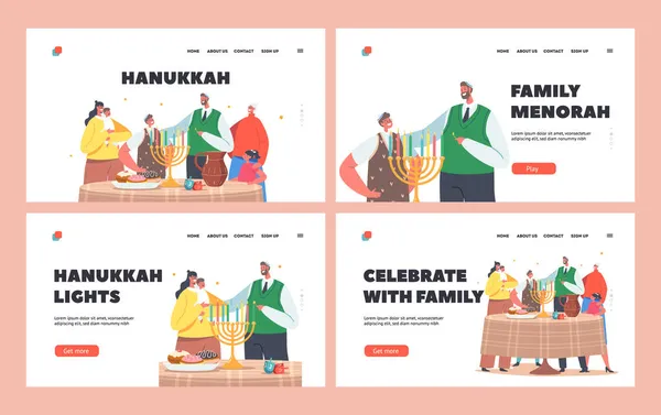 Happy Family Celebrate Hanukkah Holiday Landing Page Template Set. Jewish Festival of Lights. Parents and Children — Stock Vector