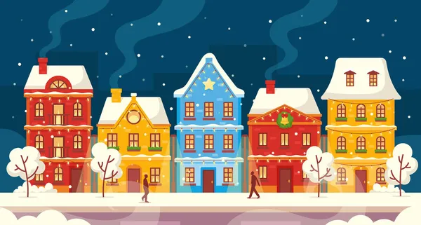 Winter City Házak, Night Town Street havas fák és járókelők séta épületek díszített koszorúk — Stock Vector