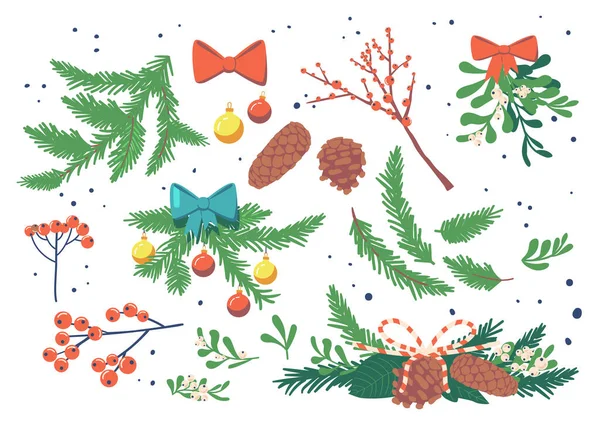 Berries and Leaves Elements de Inverno. Folha, abeto, ramos de pinheiro, arcos e cones, baga. Coleção de Natal para Convite —  Vetores de Stock