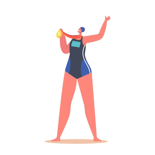 Vainqueur de la compétition sportive Concept de récompense. Femme Maillot de bain personnage porter maillot de bain et chapeau Holding Gold Trophy, Médaille — Image vectorielle
