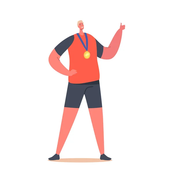 Sportive Male Character, Fotbollsspelare eller Idrottare med medalj på halsen Fira segern Visar tummen upp, Sport framgång — Stock vektor