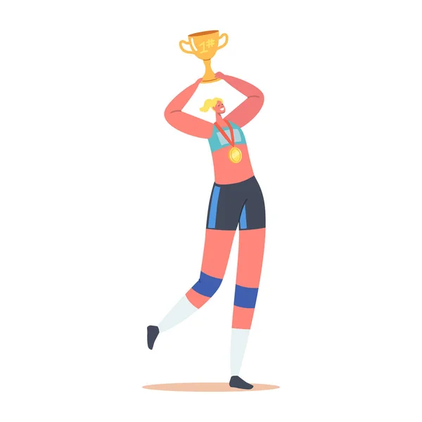 Sport Framgångsrikt firande koncept. Sportiva kvinnliga karaktär bära uniform och medalj fira seger innehav Golden Cup — Stock vektor