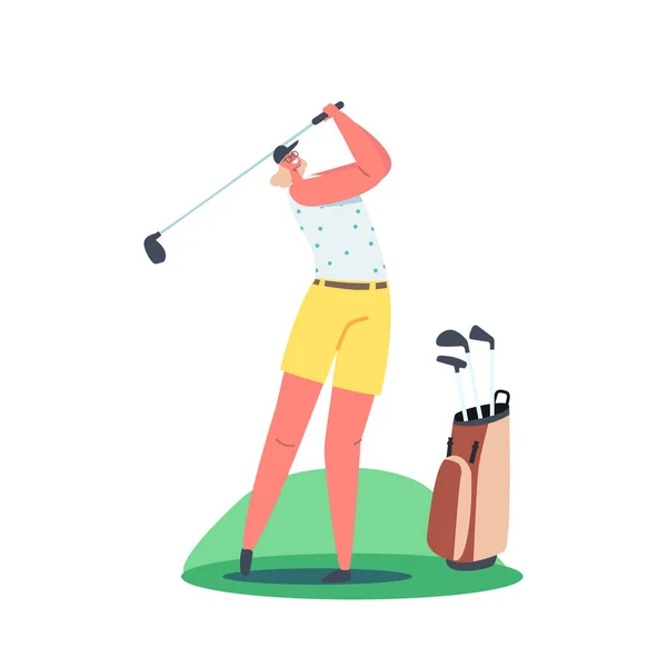 Golfer Girl Training voor de wedstrijd, sportieve Lifestyle. Vrouwelijk karakter hit lang schot oefenen op de golfbaan — Stockvector