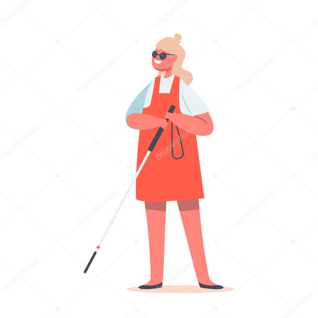 Tebeşir ve güneş gözlüklü kör kız beyaz arka planda izole edilmiş. Engelli  Çocuk Karakter Yürüyüşü. Görüş Engelli ©vectorlab 534519242e ait Stok  Vektör