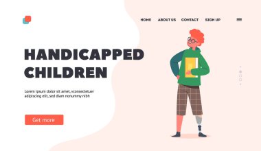 Engelli Çocuklar İniş Şablonu. Bacak Protezi ile Engelli Öğrenci Gülümseyen, El Kitabını Tutan