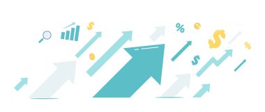 İş ve Kariyer Gelişimi Konsepti. Yükselen Oklar Yukarı Taşındı, Spyglass, Dolar ve Yüzde İşareti, Finansal Başarı, Grafikler