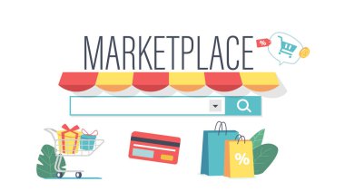 Marketplace Retail Business, Online Shopping Concept. Digital Shop Smartphone App or Pc Browser. Mobile Sales clipart