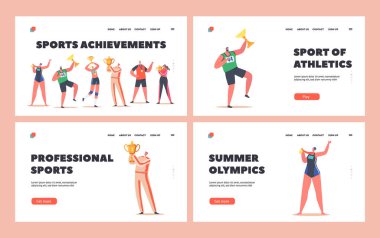 Spor Başarıları İniş Şablonu Ayarları. Genç Mutlu Sporcular ve Sporcu Kadın Karakterleri Altın Kupa Tutuyor