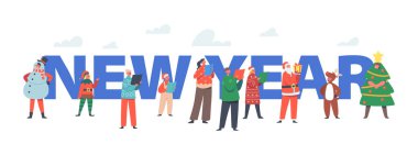 Yeni Yıl Kutlama Konsepti. Mutlu Çocuk Karakterleri Şenlikli Noel kostümleri ve süveterler içinde Noel şarkıları söylüyor