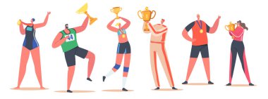 Şampiyon, Kazanan, Zafer Konsepti. Gülümseyen Mutlu Sporcular ve Sporcu Kadın Karakterler Altın Kupa Tutuyor