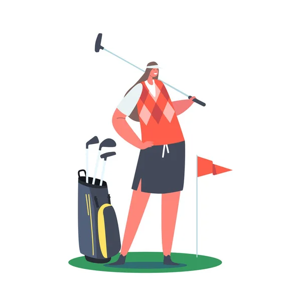 Golfer vrouw poseren met Golf Club, op Green Lawn. Sportvrouw Hobby and Activity Concept. Karakter golfen — Stockvector