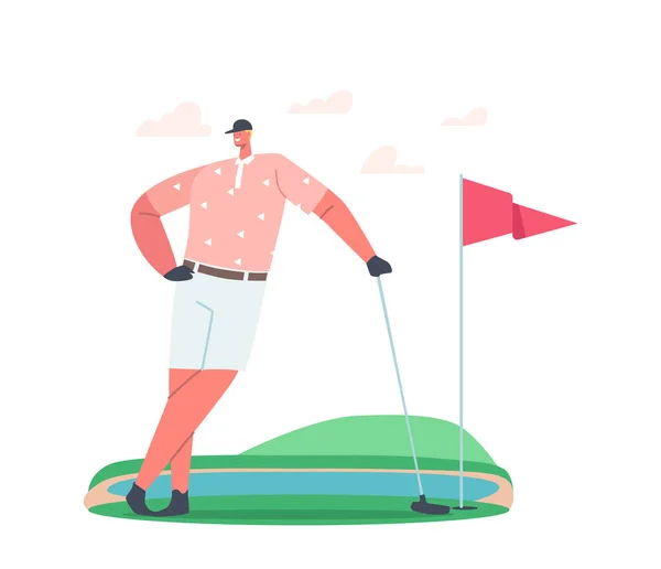 Golfer Summer Leisure, Sport Training or Competition. Young Smiling Man in Sport Uniform Holding Golf Club in Hands — Stock Vector