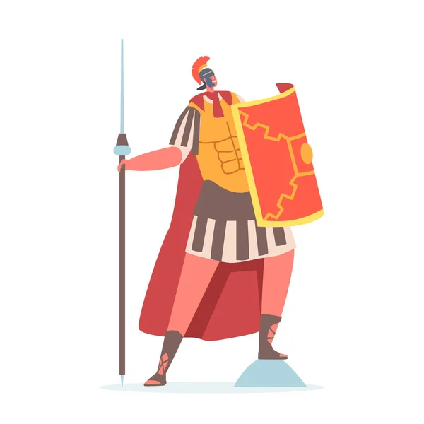 Legionario espartano, soldado romano, guerrero gladiador con casco, lanza de cabo y escudo aislado en blanco — Vector de stock