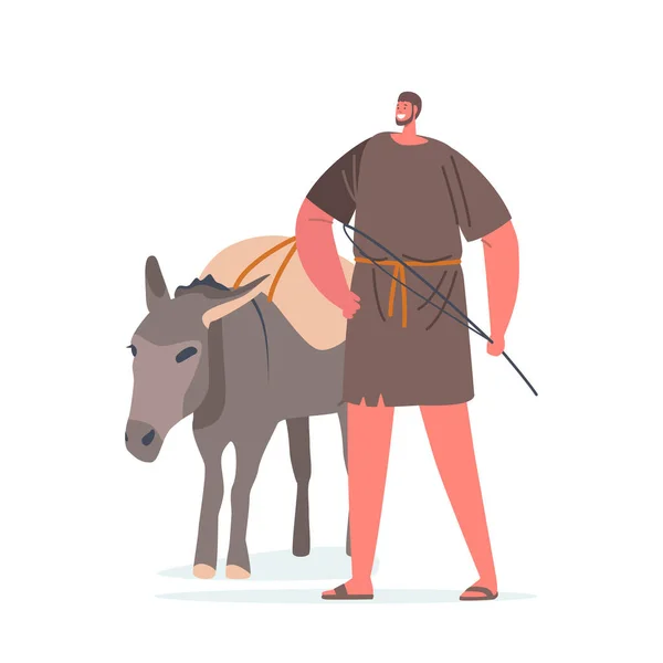 Roman Plebeian or Peasant Male Character with Donkey Wear Poor Fabric Clothes Holding Stem Isolated on White Background — Stock Vector