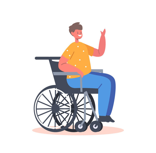 Мальчик-инвалид, сидящий в инвалидной коляске изолированный на белом фоне. Инвалидность характера ребенка, парализованное лицо