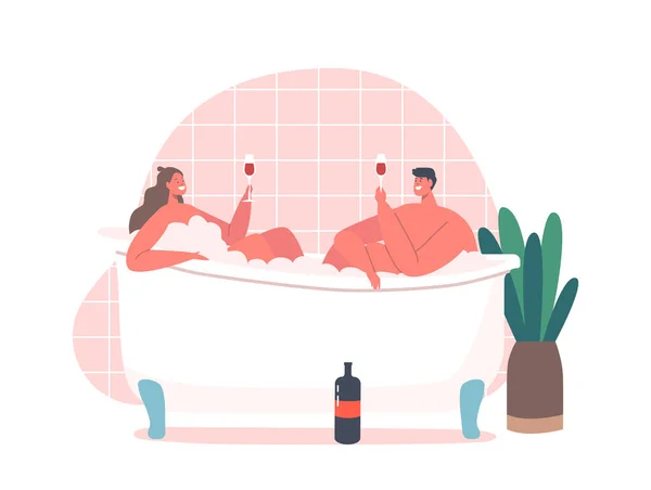 Χαλάρωση ζευγαριών, θεραπεία περιποίησης σώματος, ραντεβού για μήνα του μέλιτος. Νεαρός άνδρας και γυναίκα κάθεται στην μπανιέρα με αφρό — Διανυσματικό Αρχείο