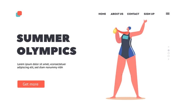 Πρότυπο σελίδας θερινών Ολυμπιακών Αγώνων. Βραβείο νικητή αθλητικού διαγωνισμού Concept. Γυναίκα κολυμβητής εκμετάλλευση Trophy — Διανυσματικό Αρχείο
