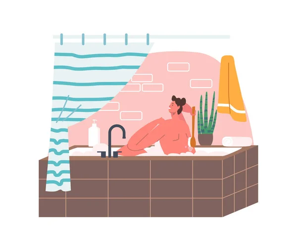 Hombre Lathering cuerpo con jabón sentarse en la bañera. Desnudo Feliz Hombre Carácter Baño Higiene, Procedimiento de lavado en el baño — Archivo Imágenes Vectoriales