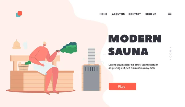 Σύγχρονη Sauna Spa διαδικασία του νερού, Landing Page πρότυπο. Ευεξία, υγιεινή, χαλάρωση. Man Sit on Bench στο Steam Room — Διανυσματικό Αρχείο