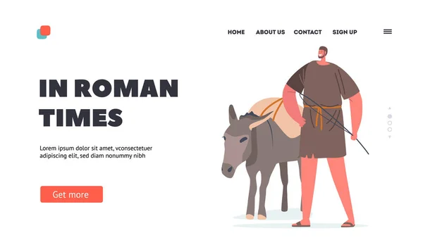 Uomo Personaggio storico dell'antica Roma o Grecia Times Landing Page Template. Plebeo romano o contadino — Vettoriale Stock