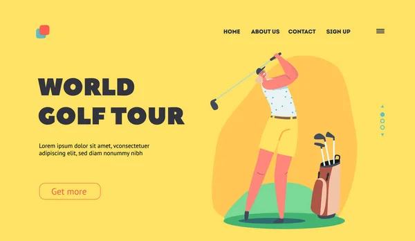 World Golf Tour Landing Page Template. Golfer Girl Training before Competition, Sporty Female Character Hit Long Shot — Stock Vector