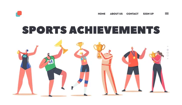 Sport Teljesítmények Landing Page Sablon. Fiatal mosolygós boldog sportolók és sportolók kezében trófea és érmek — Stock Vector