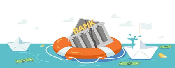 Falência, colapso global, conceito de colisão. Banco afundando Float edifício quebrado em Lifebuoy Tente sobreviver durante a crise — Vetor de Stock