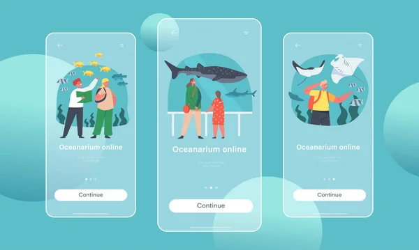 Pagina dell'app mobile Oceanarium online Modello a bordo dello schermo. I personaggi dei bambini imparano la flora e la fauna marine — Vettoriale Stock