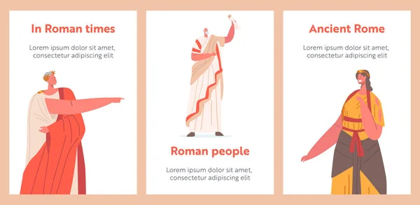 Ancient Rome Citizen Cartoon Posters (em inglês). Personagem Feminina Masculina em Túnica e Sandálias Trajes Históricos, Gladiador, Orador —  Vetores de Stock