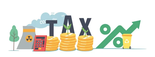 Green Co2 Taxes Concept (en inglés). Monedas Pilas con Brotes Creciendo y Tubo de Fábrica Emitiendo Humo, Calculadora, Árbol Verde — Vector de stock