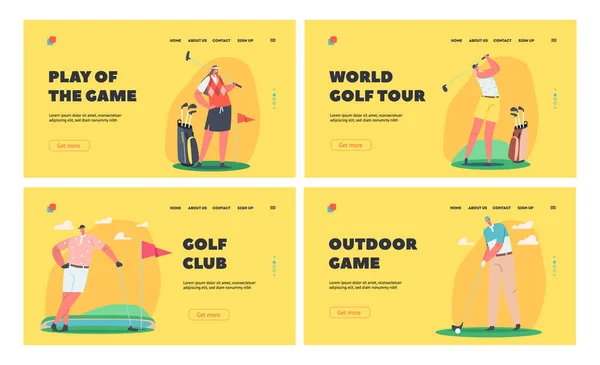 Γκολφ Landing Page πρότυπο που. Άνδρες και γυναίκες παίκτες γκολφ στο Sport Uniform Hold Clubs on Playing Course, Summer Leisure — Διανυσματικό Αρχείο