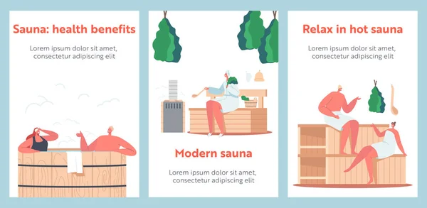 Sauna , Spa Water Procedures Cartoon Posters. Ontspanning, Lichaamsverzorging Therapie, Paar in Houten Bad, Mensen zitten op de bank — Stockvector