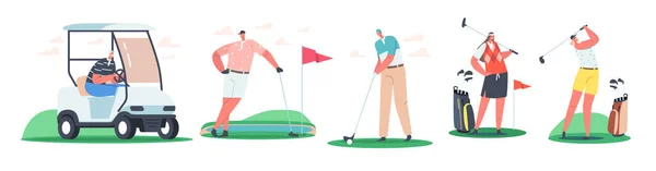 Set van mannen en vrouwen Golf Spelers in Sport Uniform Holding Clubs op speelbaan geïsoleerd op witte achtergrond — Stockvector