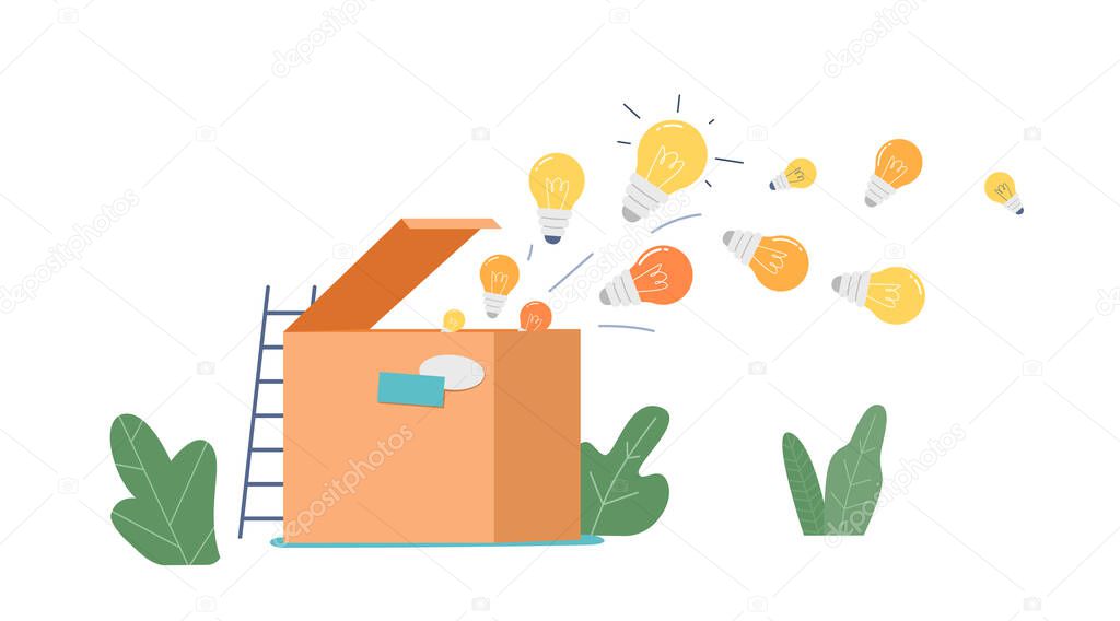 Spreading Knowledge and Ideas Educational Concept with. Lightbulbs Flying out of Open Carton Box. Insights, Education