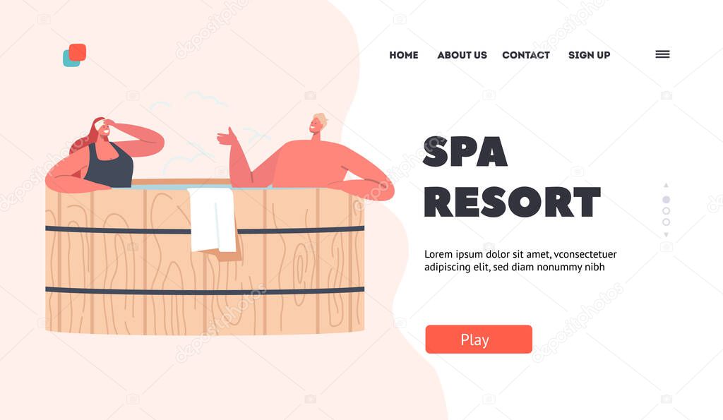 Spa Resort Landing Page Template. Relaxation, Body Care, Wellness, Hygiene, Honeymoon Date. Couple Sitting in Bath