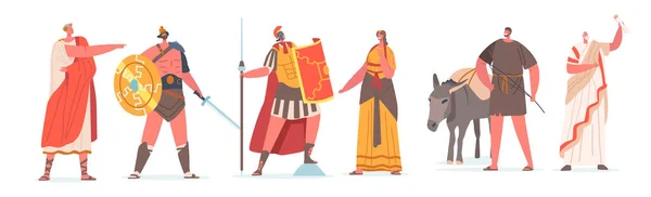Carácter Antiguo Ciudadano de Roma Hombre y Mujer en Túnica y Sandalias Trajes Históricos, Gladiador, Orador, Gobernador — Vector de stock