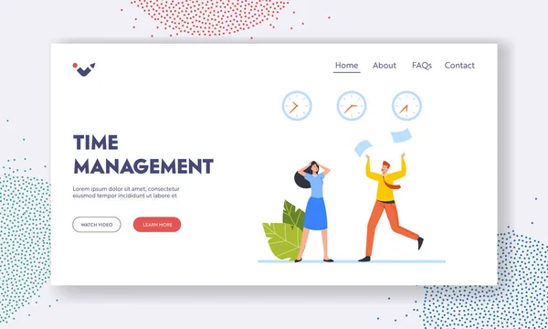 Time Management Landing Page Template. Work Rush, Office Chaos, Busy Workers Fussing at Workplace. Colleagues Hurrying — Stock Vector