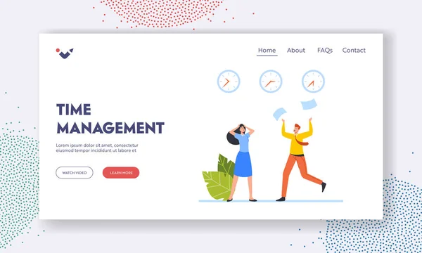 Zeitmanagement Landing Page Template. Arbeitshetze, Bürochaos, emsige Arbeiter am Arbeitsplatz. Kollegen eilen herbei — Stockvektor