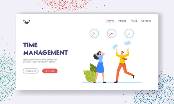 Шаблон страницы управления временем. Рабочая лихорадка, офисный хаос, суета рабочих на рабочем месте. Коллеги спешат