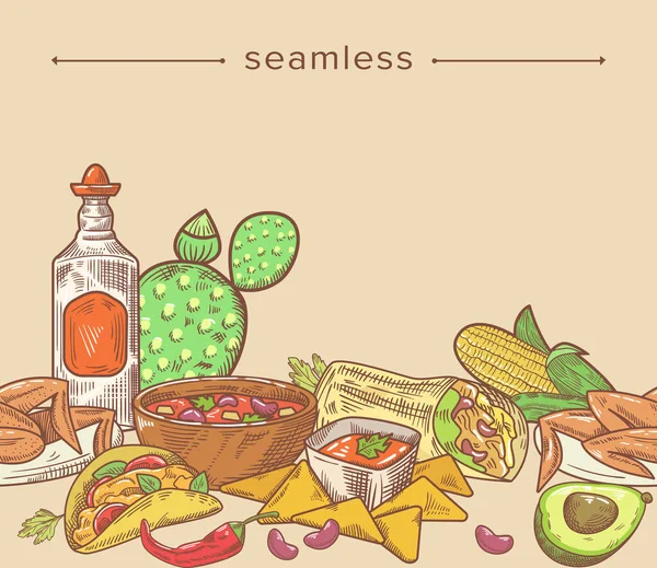 Mexican Food Doodle Seamless Pattern with Hand Drawn Frame Cactus, Tequila, Avocado and Nachos with Chicken Wings