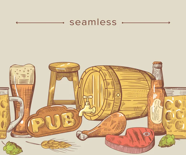 Doodle sömlös mönster med Pub mat, öl, fiskbiff, kyckling trumma, humle knoppar och vete öron nära Trä fat — Stock vektor