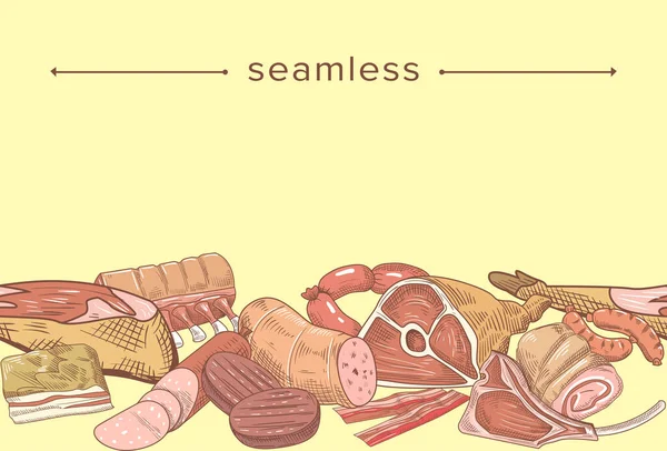 Productie van slagerijen Doodle Seamless Pattern, Handgeschept Varkensvlees, Cutlet and Ribs, Bacon, Sirloin and Salami, Vlees — Stockvector