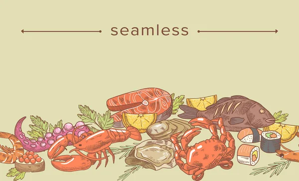 Безшовні зразки з композицією Doodle Seafood Composition, Border or Sketch Frame with Engraved Octopus, Mussel and Herbs — стоковий вектор