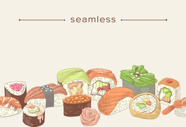 Bezešvé vzor s japonskými sushi a rolky, barevné leptání rám, asijské jídlo ručně kreslené okraj s rýží — Stockový vektor