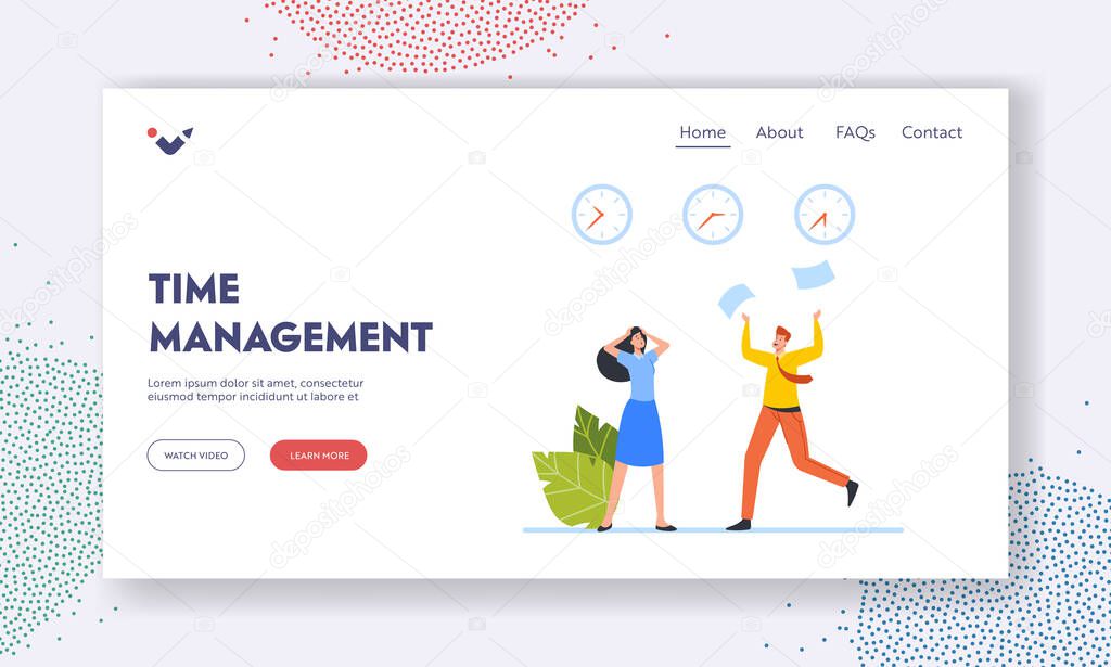 Time Management Landing Page Template. Work Rush, Office Chaos, Busy Workers Fussing at Workplace. Colleagues Hurrying