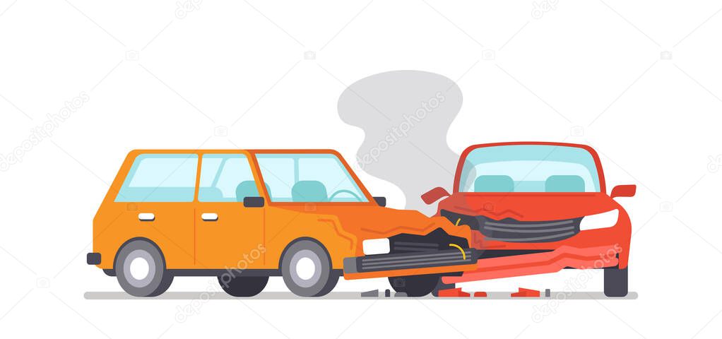 Car Crash and Insurance Situation, Road Collision, Accident. Damaged Transport in City, Drive Disaster. Smashed Vehicles